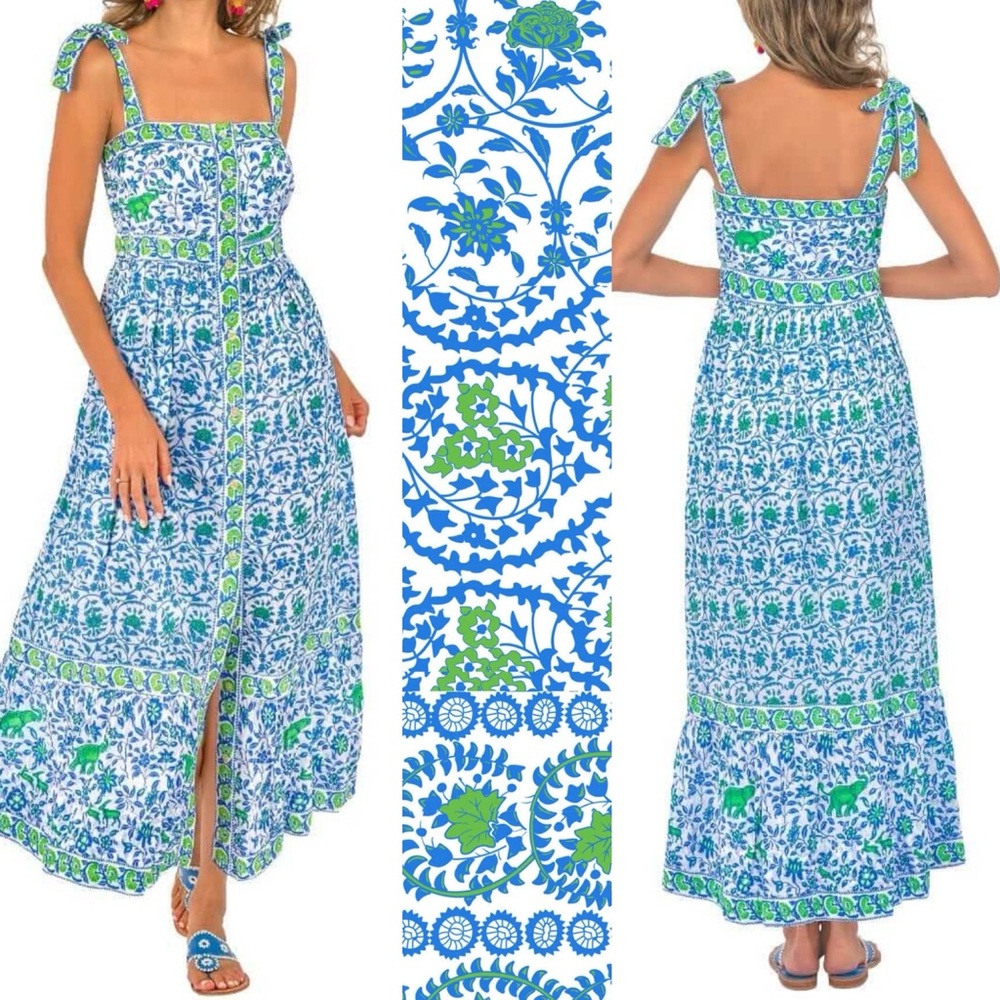 NWT GRETCHEN SCOTT Samode East India Midi Dress Blue Green Multi‎ Tiered X-Small